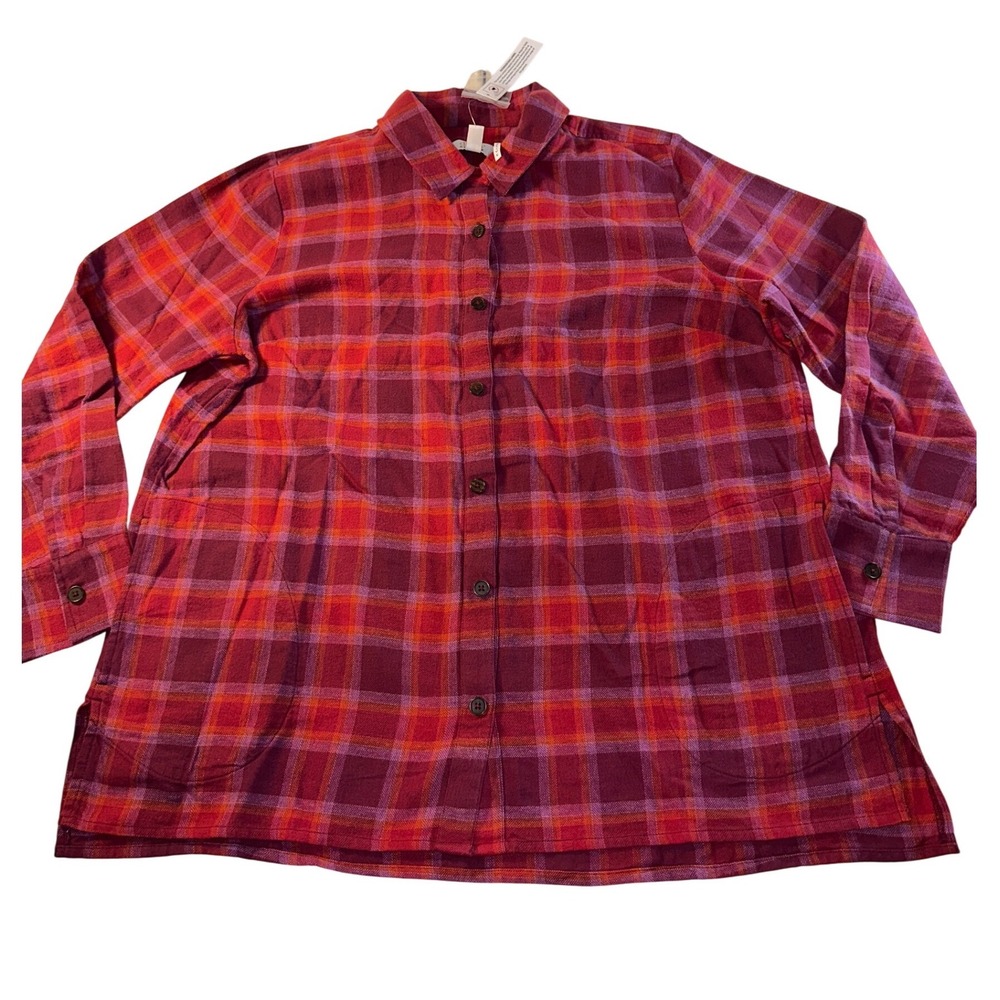 Denim & Co Heritage Adaptive Flannel Plaid Shirt Pink Red Orange Magnetic Large